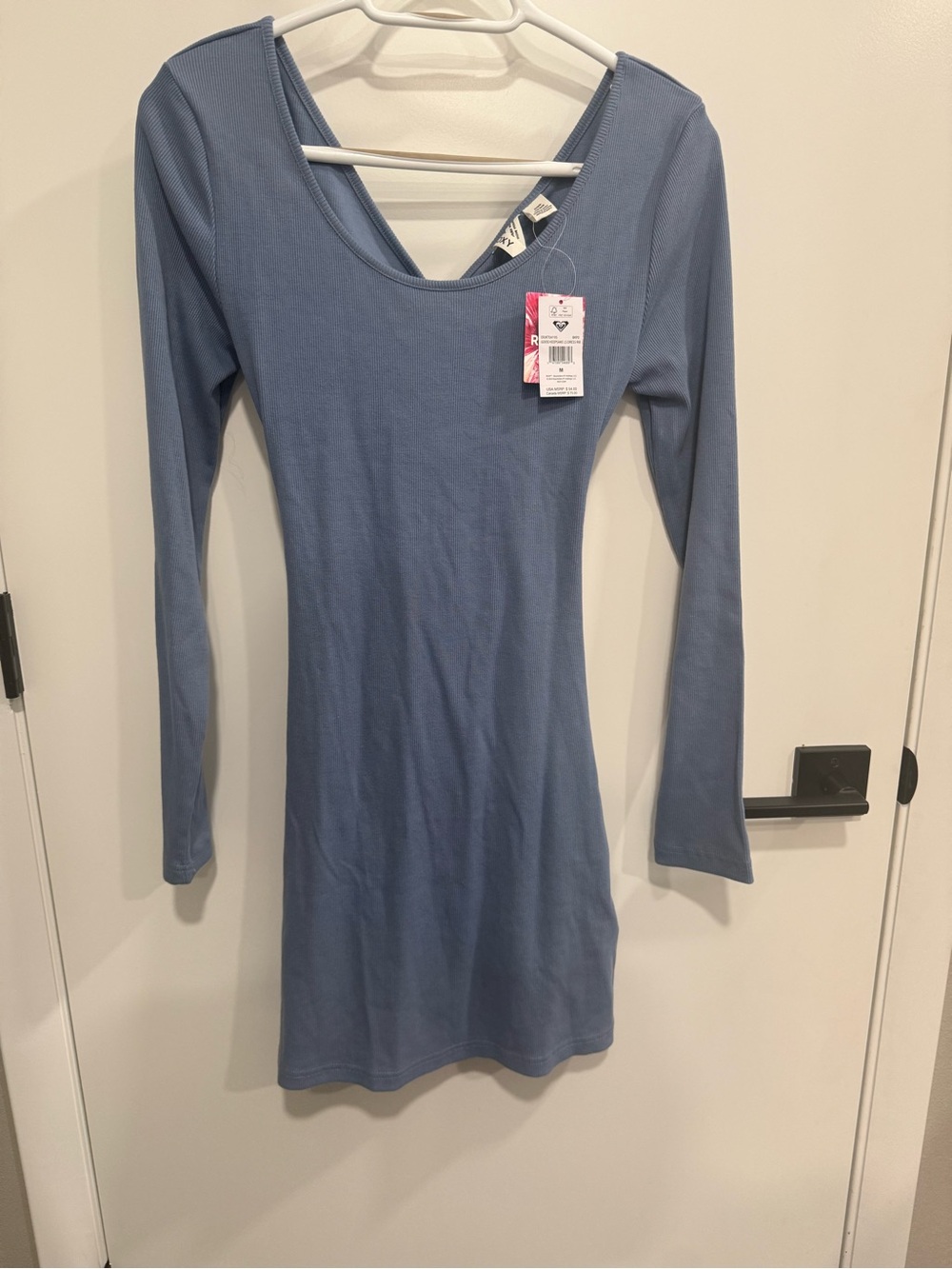 Roxy Good Keepsake Blue Ribbed V-Neck Long Sleeve Stretch Mini Dress Size M